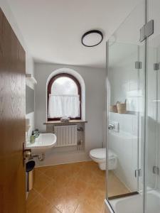 a bathroom with a toilet and a sink and a shower at Hotel Bihler in Bad Aibling +16 photos