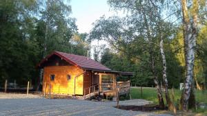 a small wooden cabin in the middle of a field at Le chalet des paons - Le Mond'idéal in Felon