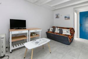 a living room with a couch and a tv at Maisonnette de la mer Batz sur mer in Batz-sur-Mer