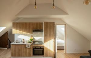 an attic kitchen with wooden cabinets and a bed at Appartement Proche Touquet in Étaples +11 photos