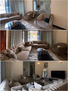 two pictures of a living room with a couch and a living room with a tv at QD Apartment Simba Unit in Arusha