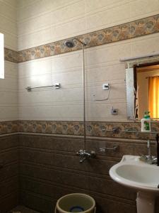 a bathroom with a sink and a toilet and a mirror at Cozy Corner Two-Bedroom in Abbottabad