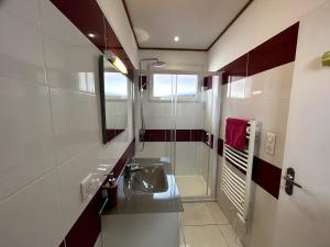 a bathroom with a sink and a mirror at Maison une chambre avec jardin in Les Sables-d'Olonne +18 photos