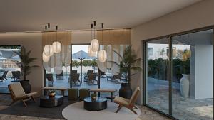 a rendering of a lobby with chairs and tables at Grecale Filoxenia in Vrachonisída touArchangélou