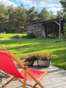 a red chair and flower pots on a wooden deck at Nowy dom przy starym krześle - w Pelniku in Pelnik