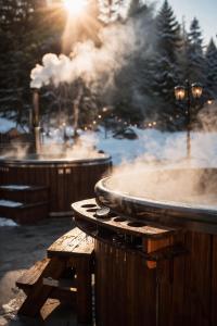 a grill with steam coming out of it next to a bench at Chalet Evergreen in Borovets +34 photos