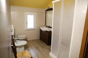 a bathroom with a toilet and a sink and a shower at Cusna Rooms in Febbio