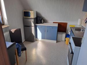 a small kitchen with a refrigerator and a sink at FeWo Petersen, Köhn in KÃ¶hn