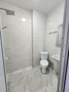 a white bathroom with a toilet and a sink at PaNORAMA TSALKa in Tsalka
