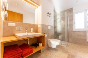 a bathroom with a sink and a toilet and a shower at Elisabeth Appartements in Damuls +21 photos