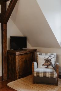 a living room with a chair and a television at Wysoka 5 in Szklarska Poręba