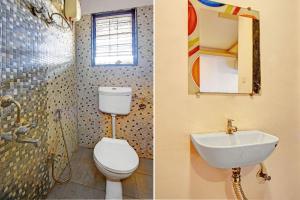 two pictures of a bathroom with a toilet and a sink at Via Kamal Stay Inn in Alandi +21 photos