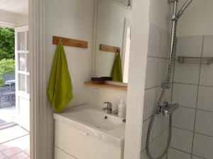 a bathroom with a sink and a shower at Idyllically Situated Wooden House By The Forest in Viborg +23 photos