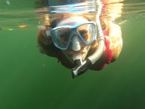 a woman in a snorkel and mask floating in the water at Casa Acuarimantima in Tintipan Island