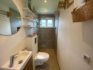 ein Badezimmer mit Toilette und Waschbecken in der Unterkunft Gemütliches Ferienhaus Im Sommerdorf Kerteminde in Kerteminde + 31 Fotos