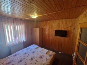 a bedroom with a bed and a television in it at Casa Iulia si Bogdan in Bran