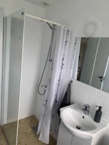 ein weißes Badezimmer mit Dusche und Waschbecken in der Unterkunft Ruhig Gelegenes Ferienhaus In Meeresnähe in Brenderup