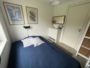 a bedroom with a blue bed and a window at Beautiful Holiday Home On An Undisturbed Plot in Rødby