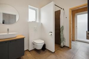 ein Badezimmer mit Toilette, Waschbecken und Spiegel in der Unterkunft Schönes, Neues Haus Am Meer in Aabenraa + 23 Fotos