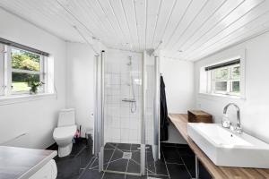 a bathroom with a shower and a sink and a toilet at Cottage With Breathtaking Sea And Cliff Views in Allinge +18 photos