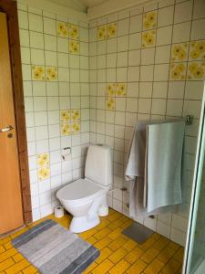 a bathroom with a toilet and a green towel at Experience The Forest And Sea in Ålsgårde +12 photos