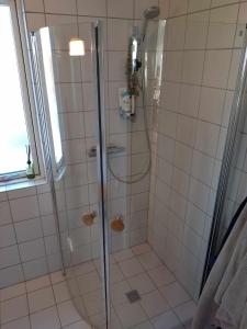 a shower with a glass door in a bathroom at Cozy Summerhouse With Spectacular Views in Ølsted +23 photos