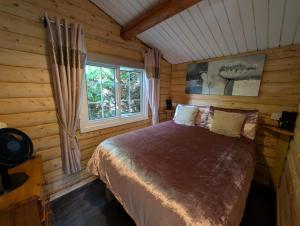 a bedroom with a bed in a log cabin at Cabin Aelwyd Snowdonia in Trawsfynydd