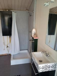 a bathroom with a shower and a sink at Charming Summer House In An Idyllic Area in Gylling