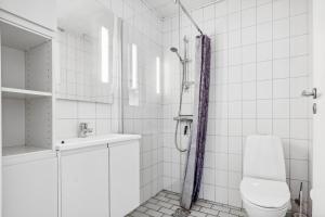 a bathroom with a shower and a toilet and a sink at Lovely Holiday Apartment Consumption Included in Allinge