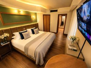 a hotel room with a bed and a flat screen tv at Novo Santoni Hotel Guarapuava in Guarapuava