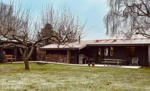a house with a picnic table in front of it at Charming And Cozy Cottage in Tranekær