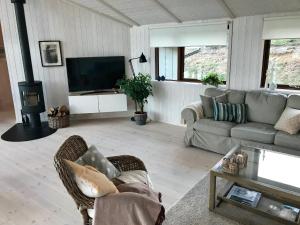 a living room with a couch and a television at Fantastic House With A Beautiful View in Ebeltoft