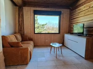 a living room with a couch and a television at L'ecorce sauvage 4/6 pers in Rocles