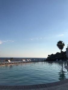 a pool with chairs and a beach with a palm tree at Villaggio Club Tortorella in Marina di Casalvelino