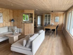 a living room with a couch and a table at 2-Family Activity Cottage in Rønde