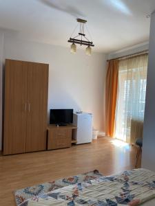 a bedroom with a bed and a tv and a cabinet at Pensiunea Cold Mountains in Râşnov +37 photos