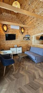 a living room with a blue couch and a tv at 3 Peaks Houses - Domki Całoroczne in Sokołowsko