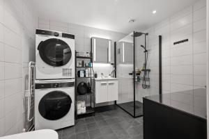 a bathroom with a shower and a washer and dryer at Penthouse with Rooftop Terrace & Balcony in Bergen