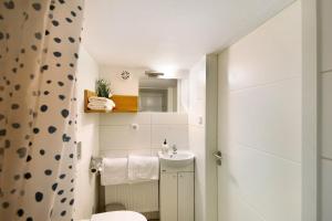 a small bathroom with a toilet and a sink at Tiny Appartment Xanten am See in Xanten +13 photos