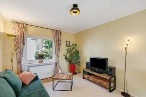 a living room with a green couch and a tv at Fewo-Taunus-Panoramablick in Königstein im Taunus