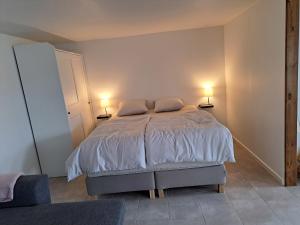 a bedroom with a bed with two lamps on it at Idyllic Country Apartment Incl All Utilities in Christiansfeld