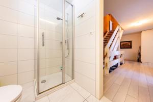 a bathroom with a shower and a staircase at Hauswurz in Thun +9 photos
