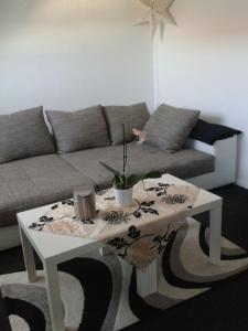 ein Wohnzimmer mit einem Sofa und einem Couchtisch in der Unterkunft Messezimmer Hannover Langenhagen - room agency in Hannover