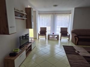 a living room with a couch and a tv at Csendliget kulcsosház in Sub Cetate