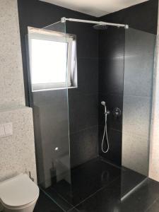 a bathroom with a shower with a toilet and a window at Apartments Suljovic in Ulcinj +8 photos