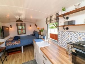 a room with a bed and a kitchen with a sink at Lake View Shepherds Hut in Lincoln +18 photos
