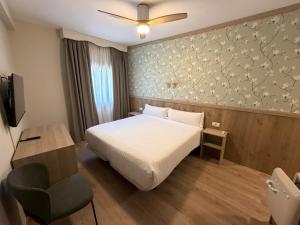 a hotel room with a bed and a chair at Edelweiss Hotel in Torla-Ordesa