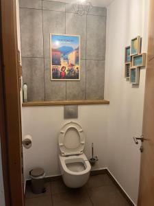 a bathroom with a toilet with a poster on the wall at Gîte la biche des écrins in Prunières