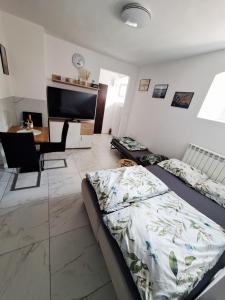 a bedroom with a bed and a desk and a television at Casa D'oro1700 - Old town Koper in Koper