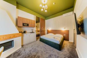 a large bedroom with a bed and a kitchen at BOUL ROSU RESIDENCE free private parking in Arad